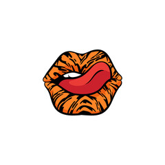 Naklejka premium Red tongue licking orange lips with tiger stipes - isolated sticker