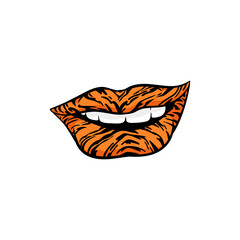 Womens smiling tiger-colored lips cartoon vector illustration isolated.