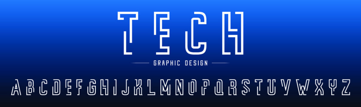 Digital Tech Concept Of Line Fonts. Double Line Uppercase Outline Letters. Classic Modern Sans Serif Line Font For New Headline. Technology Logo