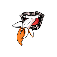 Mouth with zebra print lipstick biting a banana - isolated pop art sticker