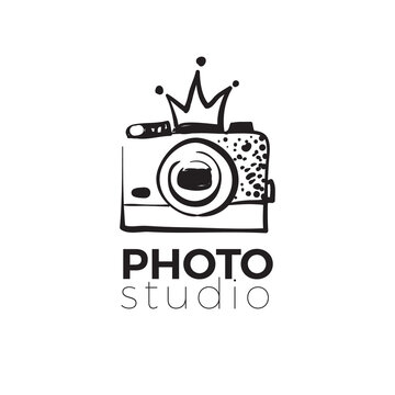 Photo camera with crown. Photography and photo studio hand drawn logo black color sketch. Vector design element, business sign, logo, identity, label, badge for business. Vector illustration