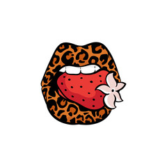 Womens lips leopard colored with strawberry cartoon vector illustration isolated.