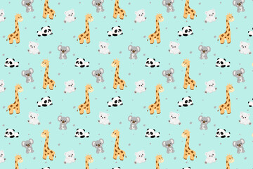 design for baby blanket, stars and cute little animals, baby animals, koala, giraffe, bear, panda