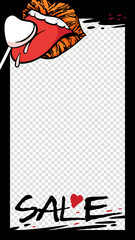 Social media sale template with women lips cartoon vector illustration isolated.