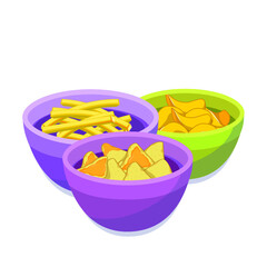 Chips,French fries, Corn Chips in 
color bowls