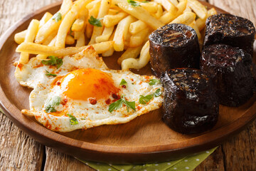 Huevos Rotos Recipe: Spanish Broken Eggs with potato and blood sausage close-up in a plate on the...