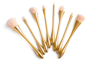 Set of makeup brushes on white background
