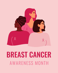 Breast cancer awareness prevention month banner. Three women with pink ribbons of different nationalities standing together. Concept of support and solidarity with females fighting oncological disease