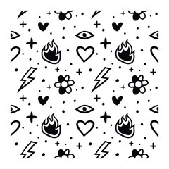 Abstract seamless pattern of hearts, eyes, stars, fire, flowers and lightnings on white background. Image for a poster or cover.