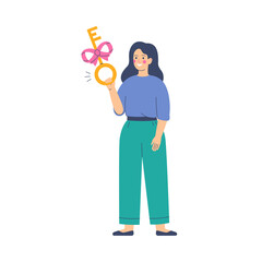 Young woman holds the golden key with a pink ribbon. Happy female buyer holds the key to their purchase. Vector illustration