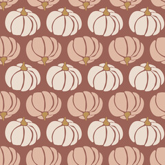Seamless vector pattern pumpkins white pink brown gold repeating background for Harvest festival or Thanksgiving day. Feminine earthy colors.