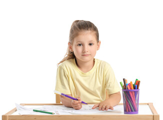 Cute little girl with coloring pictures on white background