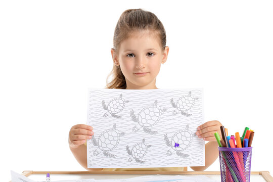 Cute little girl with coloring pictures on white background