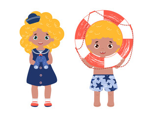 Vector set of children on the beach.