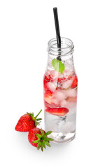 Bottle of fresh strawberry lemonade on white background