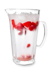 Jug of fresh strawberry lemonade on white background