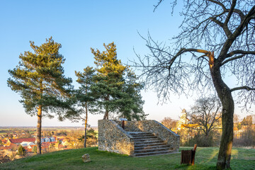 Pichora Marcomanni burial ground south of Dobrichov in the Kolin region Czech republic. Archaeological excavations With small lookout tower with wiew to small city Dobrichov. Educational trail.