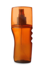 Bottle of sunscreen on white background