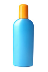 Bottle of sunscreen on white background