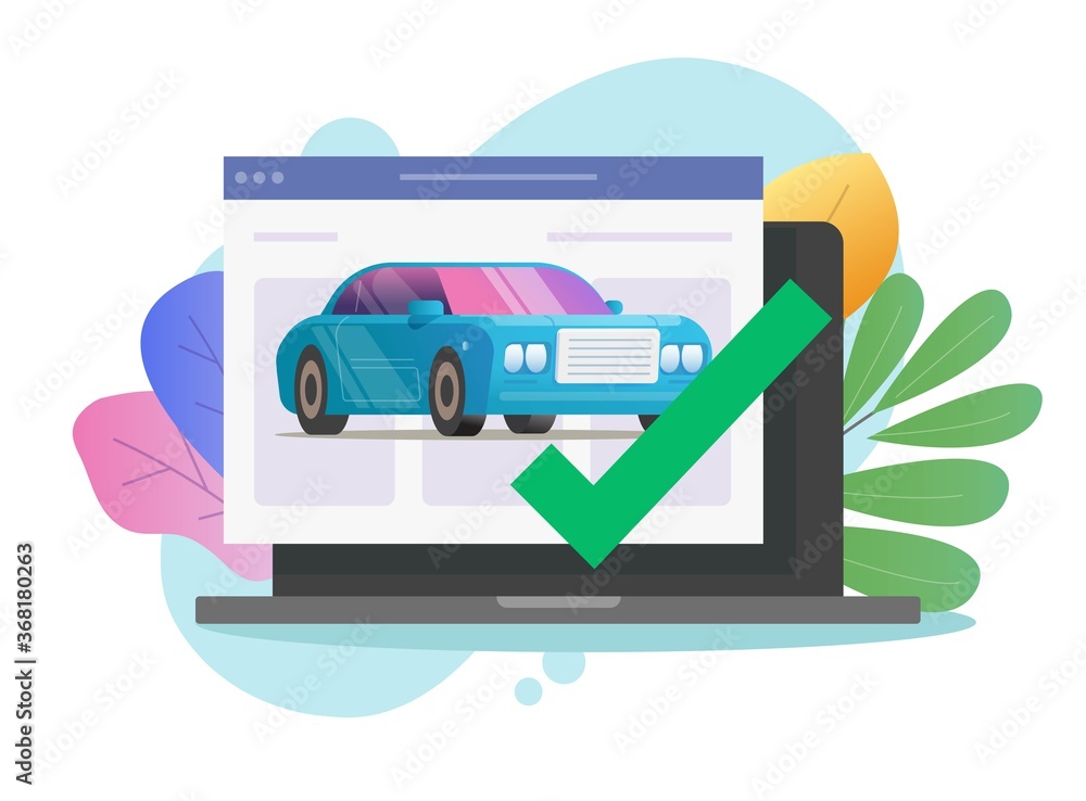 Poster vehicle online diagnostic check test with approved checkmark security on laptop computer or internet