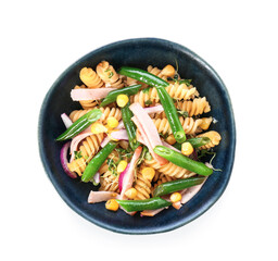 Bowl with tasty pasta salad on white background