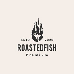 roasted fish fire flame hipster vintage logo vector icon illustration
