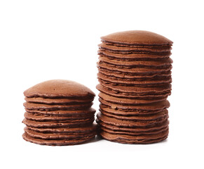 Delicious chocolate pancakes on white background