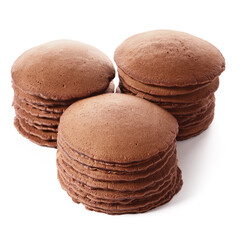 Delicious chocolate pancakes on white background