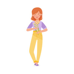 Young Woman with Red Hair and Summer Clothing Standing and Holding Flower Bouquet Vector Illustration