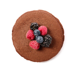 Delicious chocolate pancakes on white background