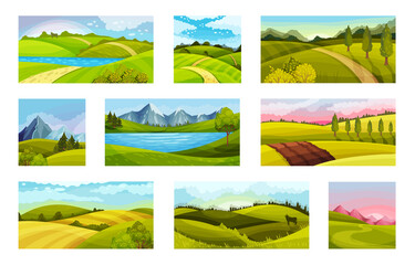 Green Landscapes with Hills and Clear Sky Vector Illustration Set