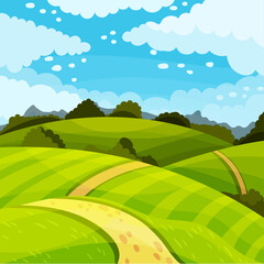 Green Landscape with Hills, Fields and Clear Sky Vector Illustration