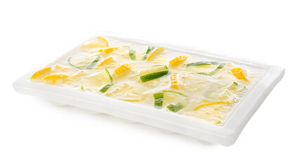 Fototapeta na wymiar Tray with citrus fruits in ice on color background