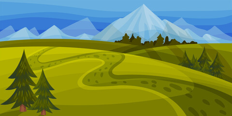 Green Landscape with Mountain Peaks, Grassy Hills and Clear Sky Vector Illustration