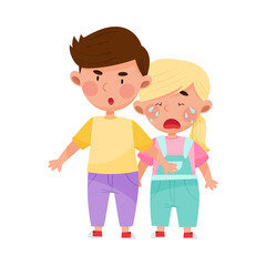 Little Boy Protecting Crying Girl from Hooligan Vector Illustration