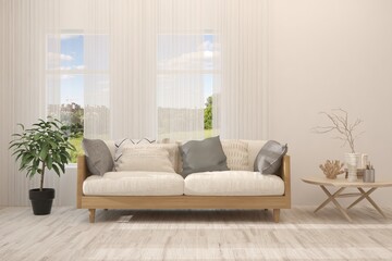 Fototapeta premium Idea of white minimalist room with sofa. Scandinavian interior design. 3D illustration