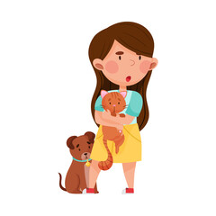 Little Brave Girl Holding Cat in Arms Protecting from Hooligan Vector Illustration