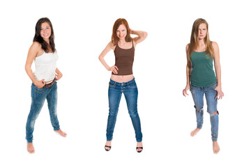 Obraz premium Full length portraits of three beautiful young women wearing casual summer clothes