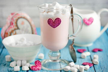 Pink milkshake with white chocolate and marshmallow for Valentine's Day