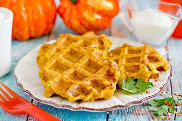 Pumpkin waffles, homemade snack spicy waffles with pumpkin puree