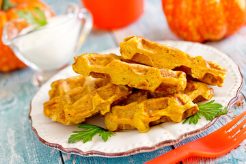 Pumpkin waffles, homemade snack spicy waffles with pumpkin puree