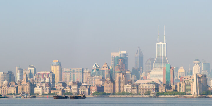Skyline of Shanghai Puxi with Bund and Huangpu River. High resolution panorama.
