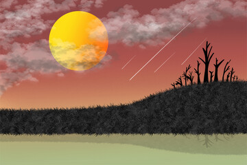 The red sky created by the vector has clouds and meteor, the sun is used as a background image