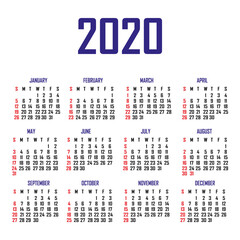 Calendar 2020. The week begins on Sunday. Simple calendar template. Portrait of vertical orientation. Annual organizer of stationery. Vector