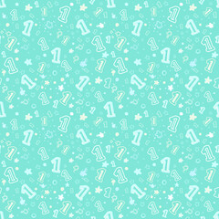 Seamless patterns. Number one and stars on a blue background. Endless vector illustration. Used for fabric printing of baby bedding, clothing, packaging, background shading, etc.