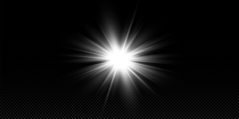 White glowing light explodes on a transparent background. with ray. Transparent shining sun, bright flash. The center of a bright flash