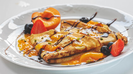 fresh homemade Pancakes with fruits and Jam.
Marmeladepfannkuchen mit frischen Früchten