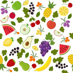 Pattern of fruits, berries and leaves on a white background, color vector illustration, textile, print, design, background, decoration