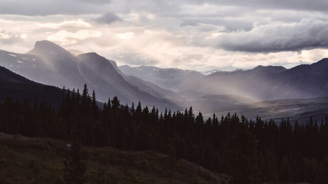 Landscape of Hemsedal, Norway. Natural sun light hitting the valley. Shot in July. 