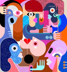 Gordijnen Grote groep mensen grafische illustratie. Moderne abstracte kunst schilderij. ©  danjazzia
